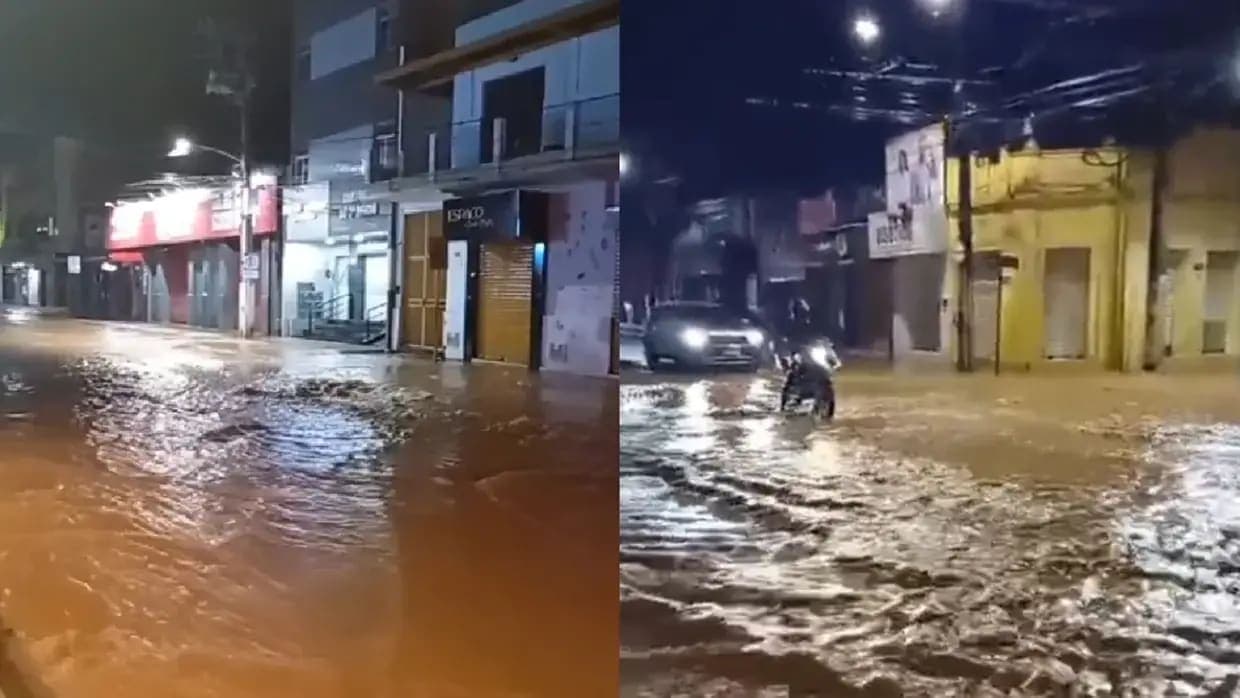 Canal transborda e alaga vias durante chuva em Crato