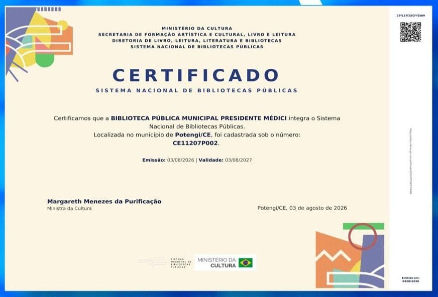 Potengi tem biblioteca reconhecida como equipamento cultural ativo pelo Governo Federal